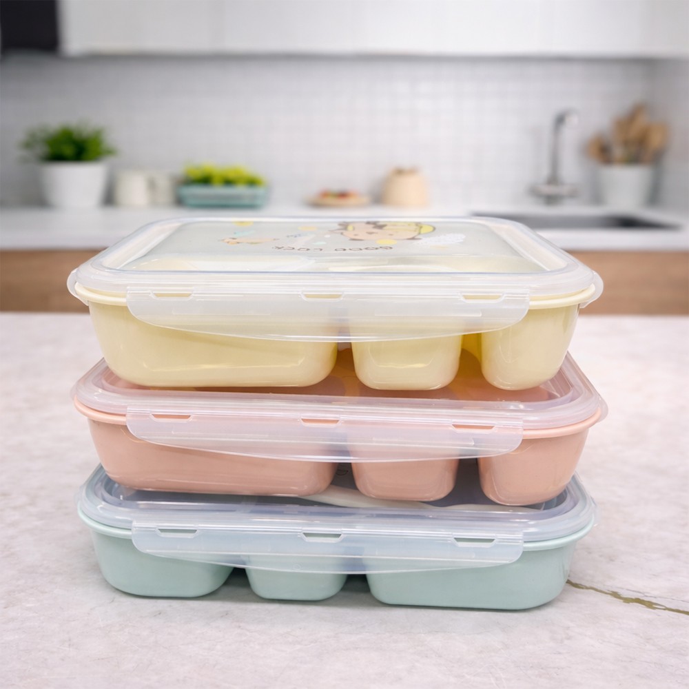 Premium 4 Compartment Rectangular Lunch Box with Spoon – Leakproof Multi Section Food Storage Bento Lunch Container for Office, School & Travel