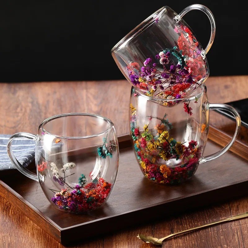 Double Glass Floral Mug – Heat Resistant Double Wall Tea & Coffee Cup