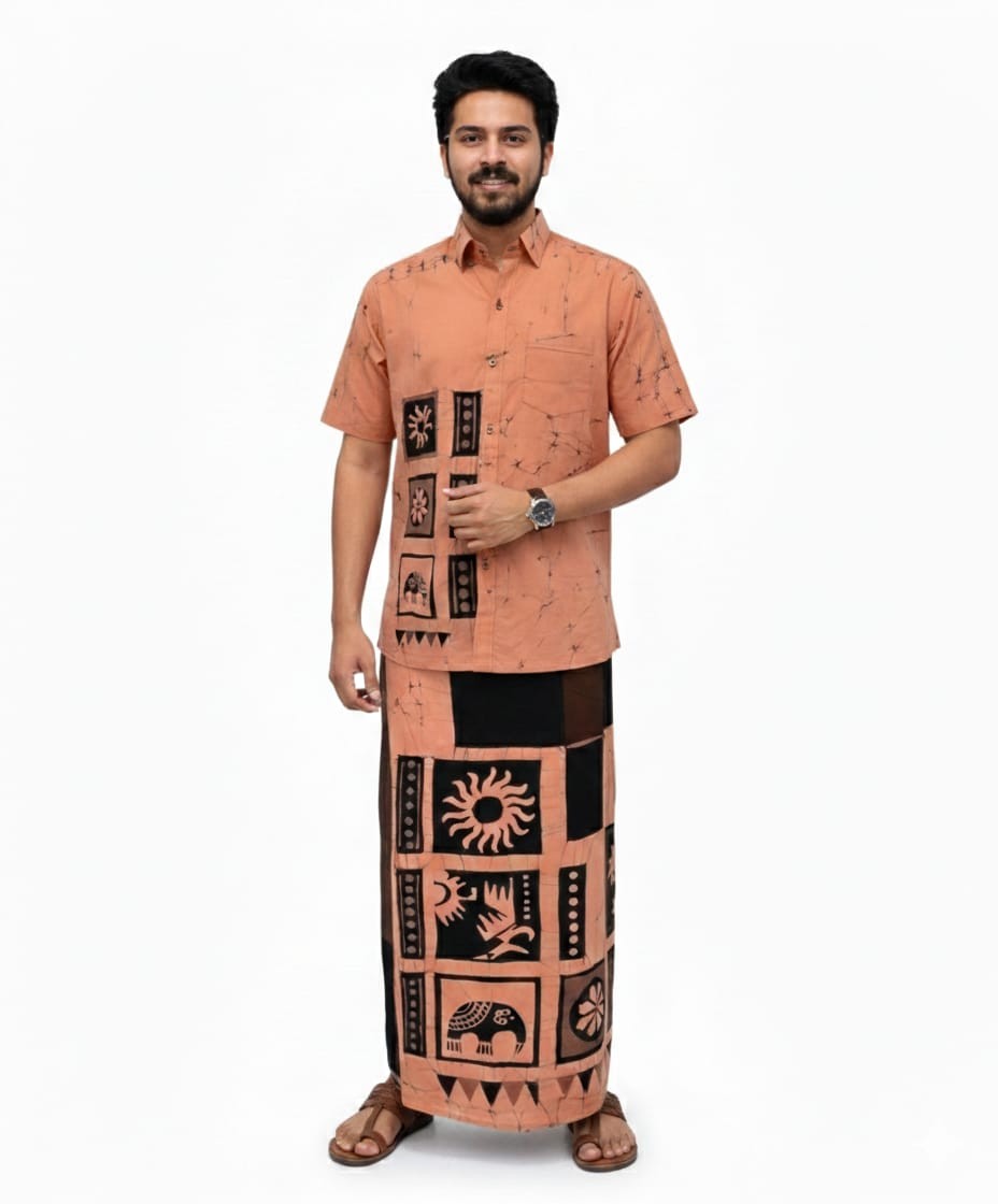 Handmade Sri Lankan Batik Shirt and Sarong Set - Peach with Traditional Patterns