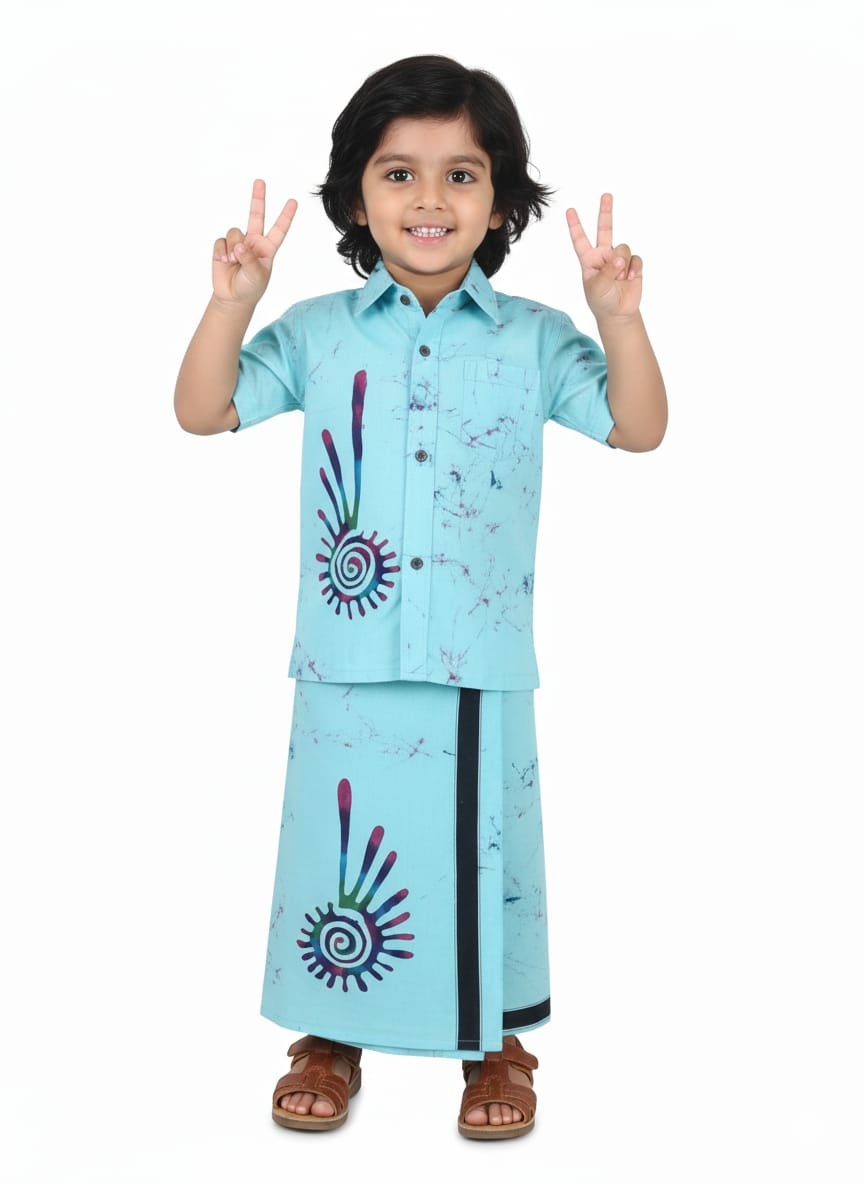 Handmade Kids Batik Shirt and Sarong Set - Vibrant Light Blue Sunburst Design