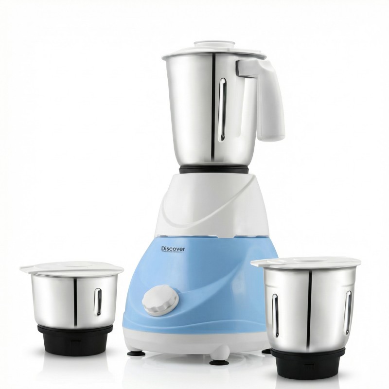 Discover Curve 550W Mixer Grinder with 3 Stainless Steel Jars and Overload Protection - Blue & White