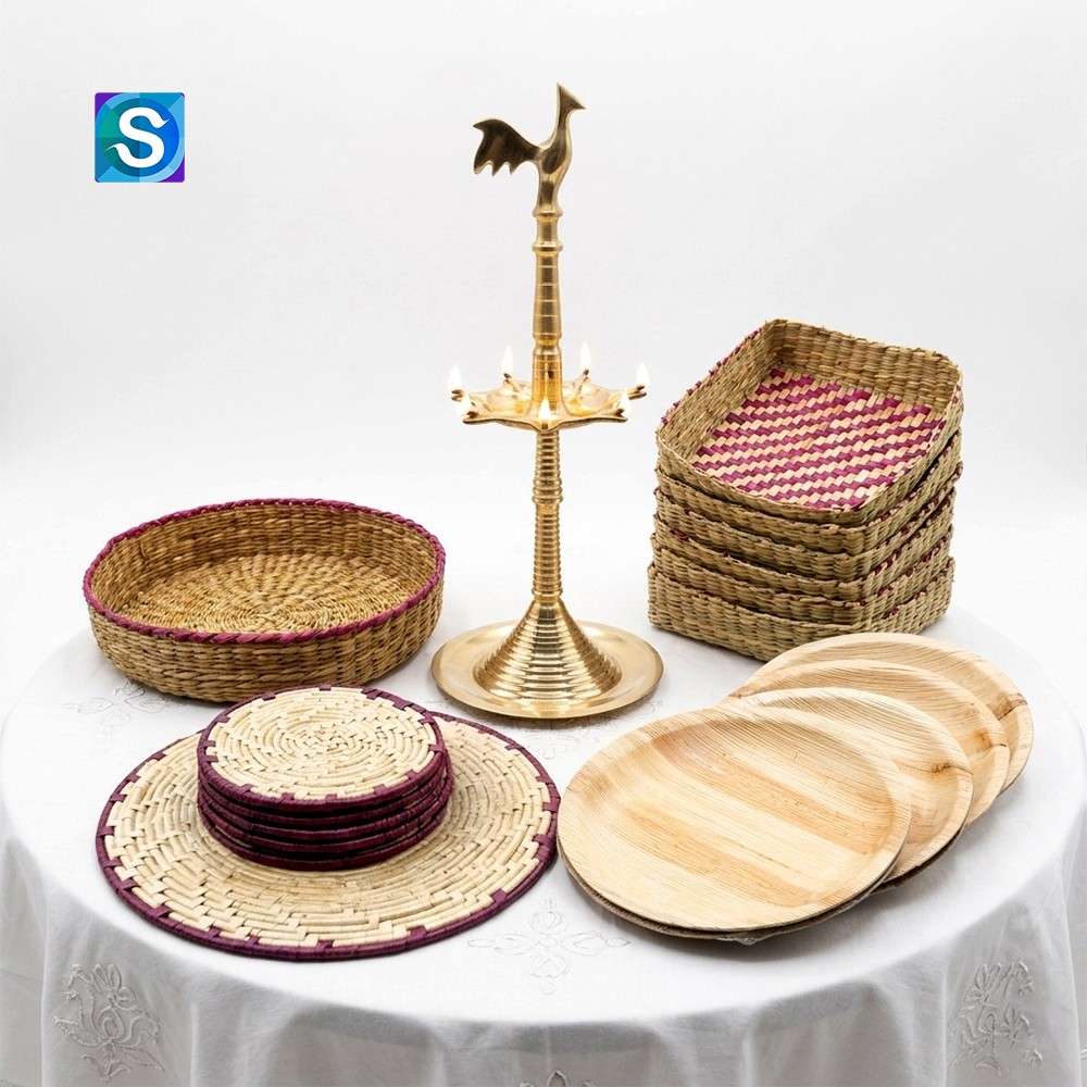 Traditional Sri Lankan Aluth Avurudu special  Hamper - 12-Inch Brass Oil Lamp and Eco-Friendly Tableware Set