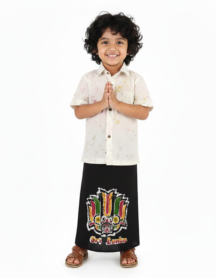 Kids Sri Lankan Fire Demon Gini Raksha Batik Shirt and Sarong Set