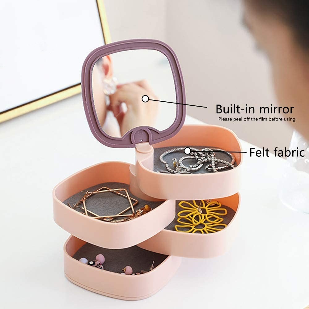 360° Rotating Mini Jewellery Box with Mirror – Compact Travel Jewelry Organizer Storage Case