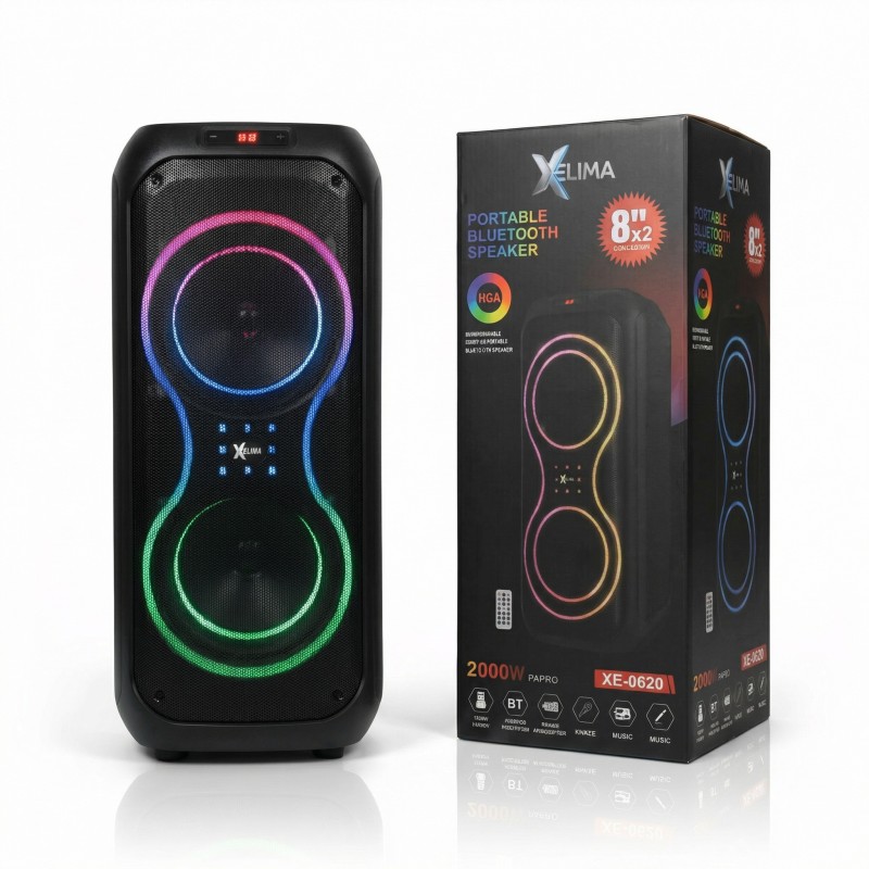 XELIMA XE-0820 Portable Bluetooth Speaker - Dual 8-Inch Subwoofers, 2000W PMPO, RGB Lights & Karaoke Mic