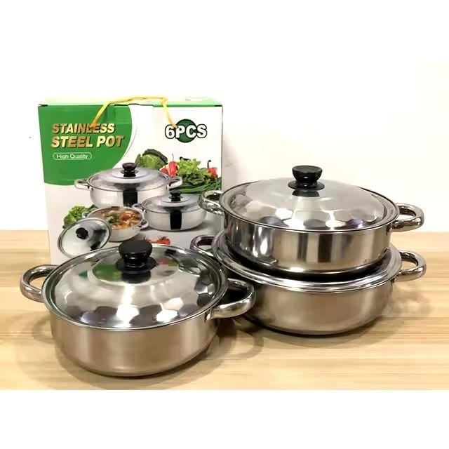 6 Pcs Stainless Steel Pot Set with Lids | Durable Cooking Pots for Daily Home & Kitchen Use