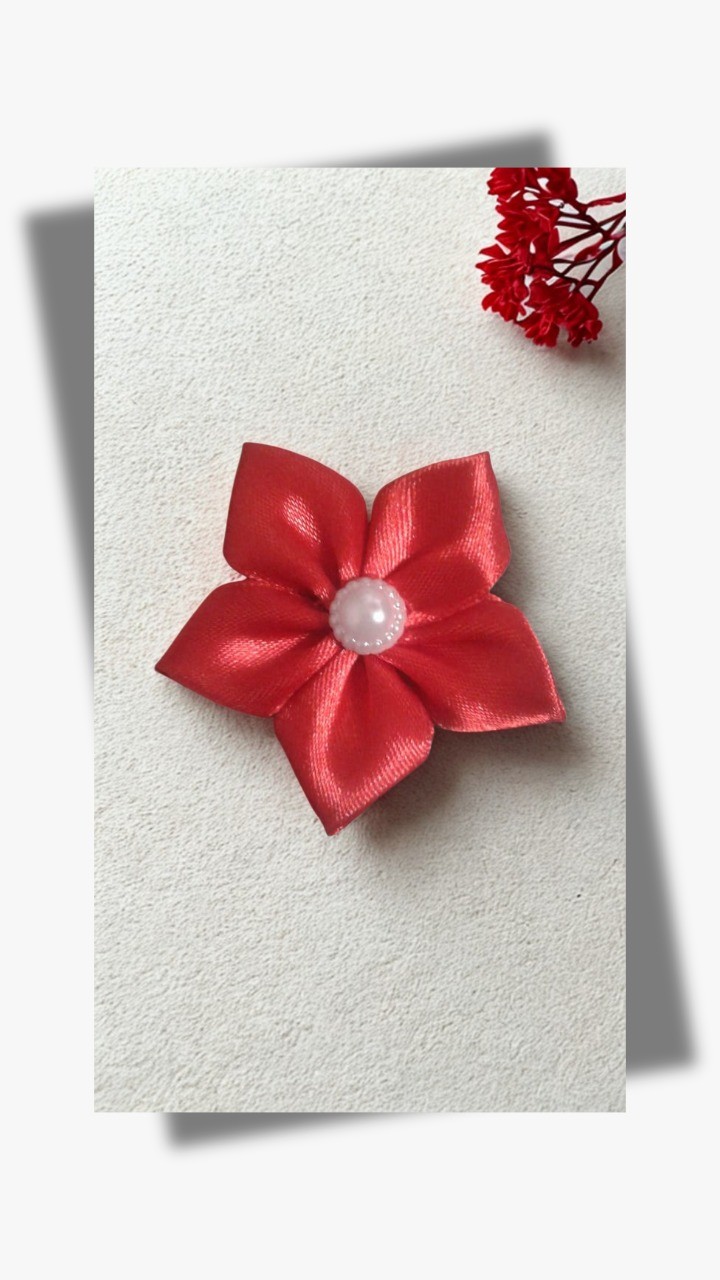 Red Satin Ribbon Flower with Pearl Center