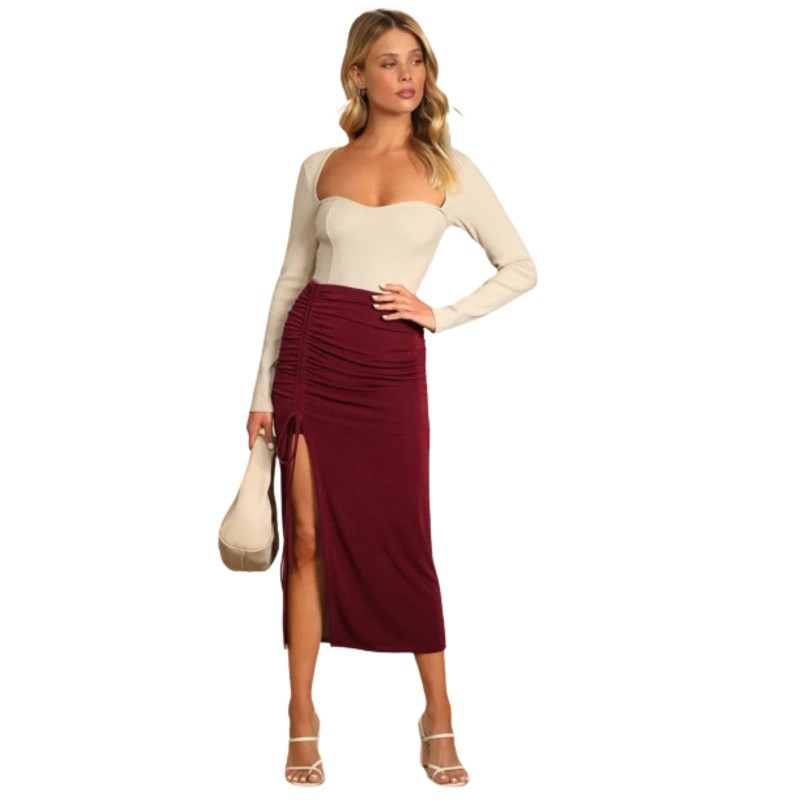 Side Ruched Bodycon Midi Skirt