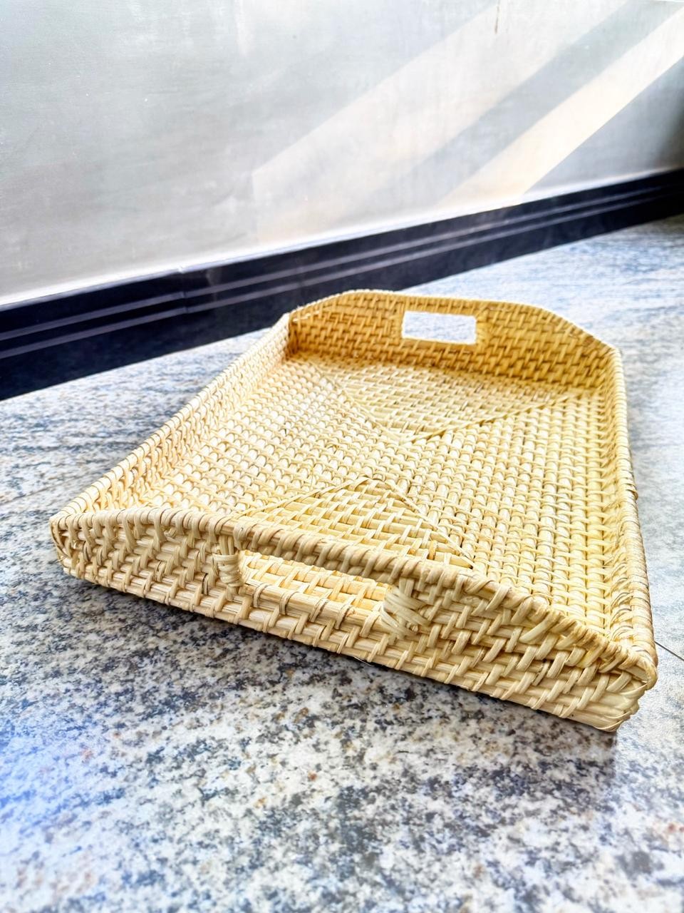 Handcrafted Square Natural Cane Serving Tray with Handles - 14x12 Inch Eco-Friendly Decor