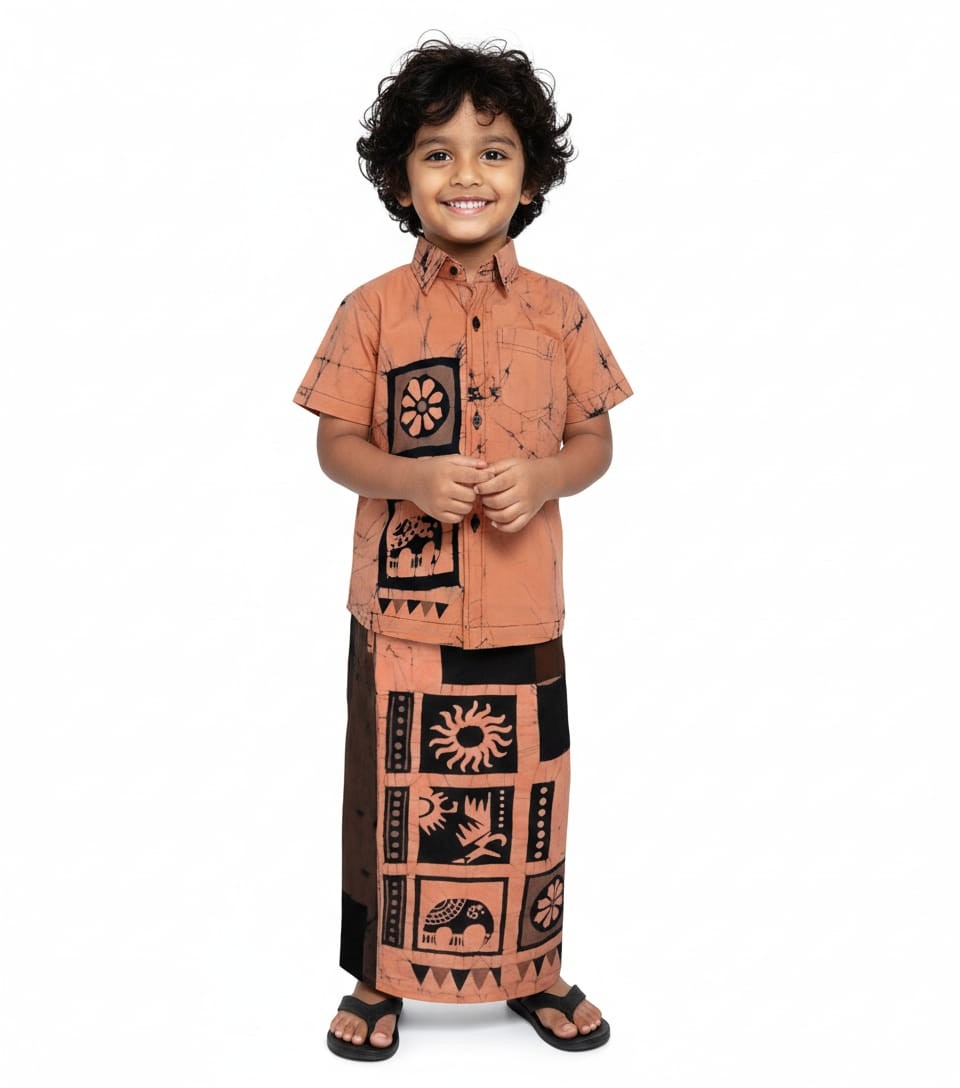 Handmade Batik Shirt & Sarong Kit for Kids - Traditional Sri Lankan Surya & Elephant Patterns - Peach