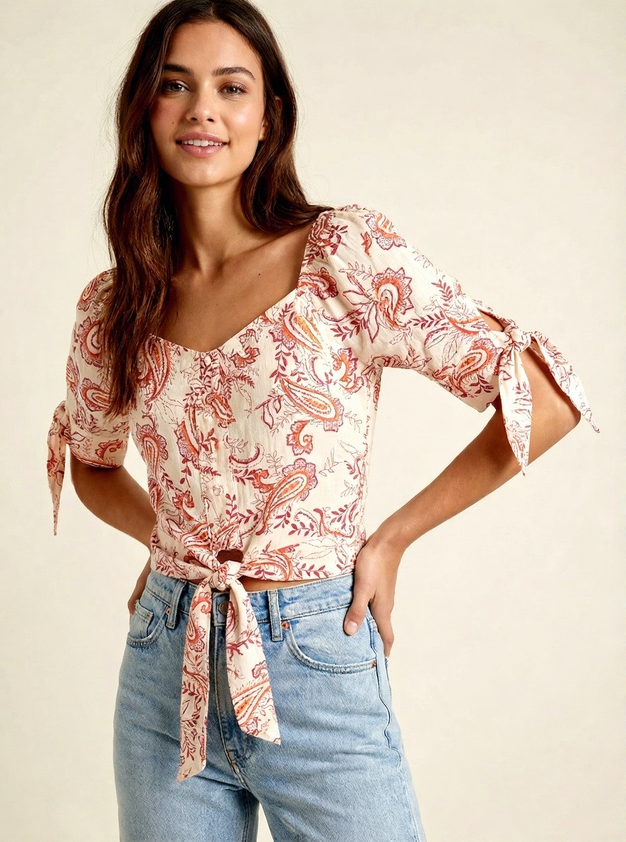 Front Knot Mock Button Down Crop Top