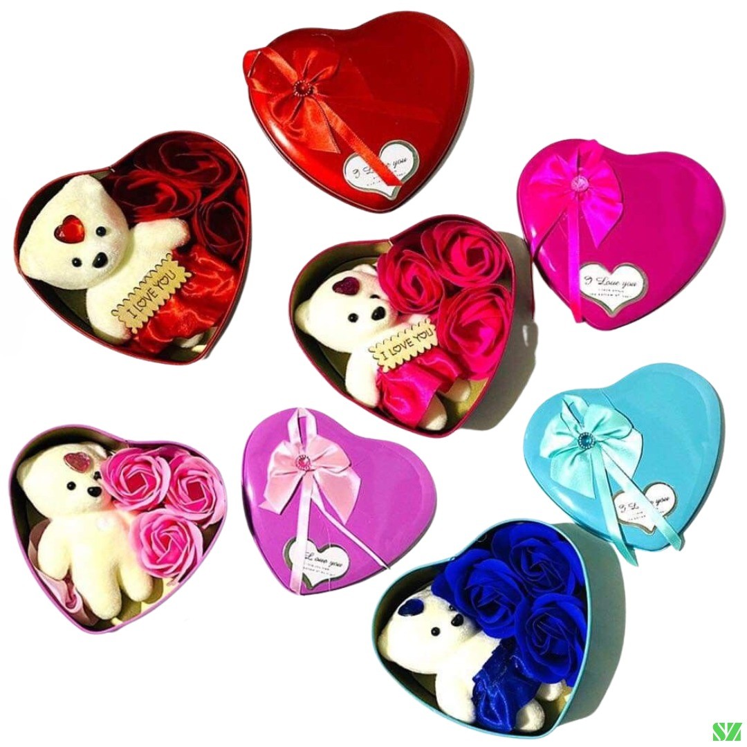 Lovely Gift Box with Flowers and Cute Teddy Bear Perfect Gift for Valentine's Day