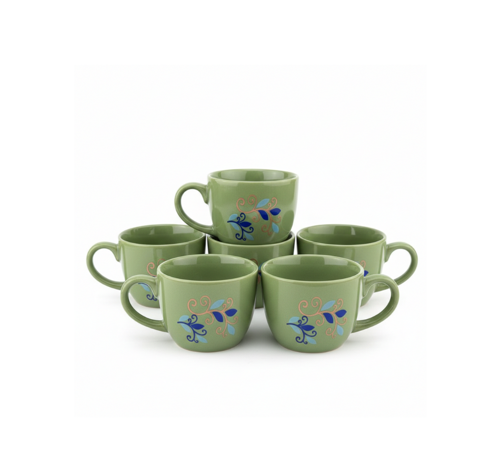6 Pcs Coffee Cup Set – Green | Stylish Ceramic Tea & Coffee Cups