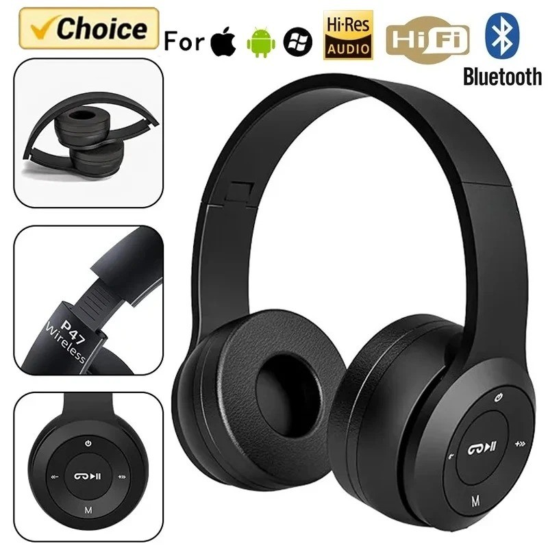 P47 Wireless Bluetooth 5.0 Over Ear Headphones - Foldable Stereo Headset with FM Radio, Micro SD Slot & Mic - Universal Compatibility