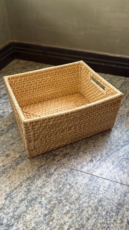 Handmade Cane Face Towel Basket with Handle - 10x8x5 Inch Natural Wicker Storage