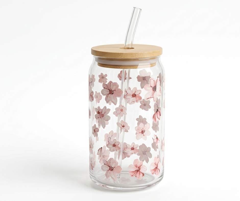 Floral Glass Mug with Wooden Lid 550ml | Clear Glass Coffee Tea Cup with Lid