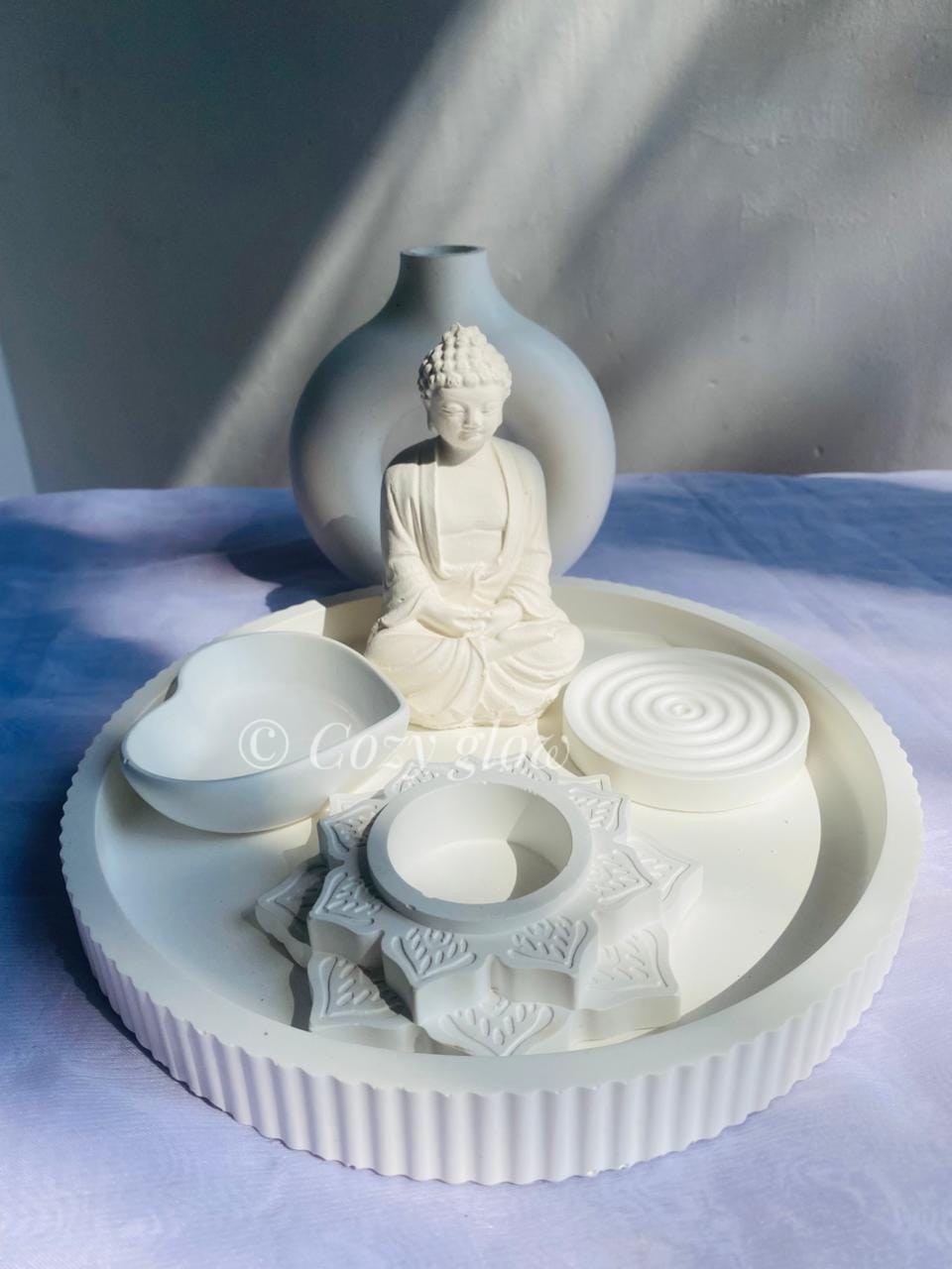 Aesthetic 6-Piece Buddha Blessing Kit - Zen Home Decor Set with Donut Vase & Trays