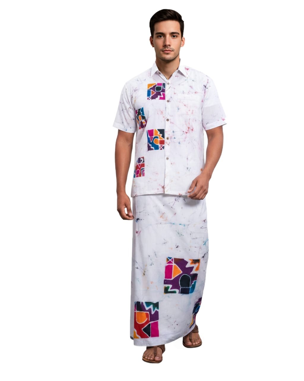 Premium Handmade Batik Shirt and Sarong Set - Vibrant Geometric Patterns on White