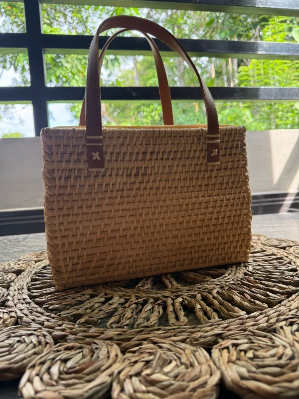 Handmade Natural Cane Tote Bag with Premium Leather Handles - Eco-Friendly Summer Handbag