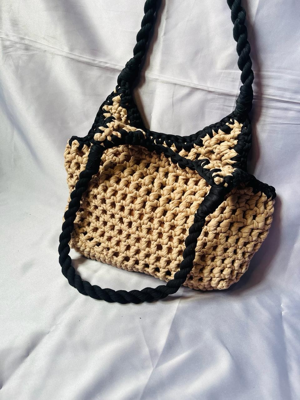 Handmade Crochet Tote Bag - Stylish Summer Handbag in White, Black, and Beige