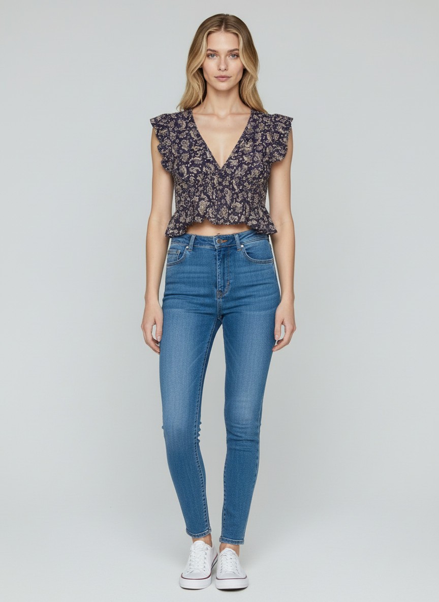 Deep V-neck Printed Crop Top