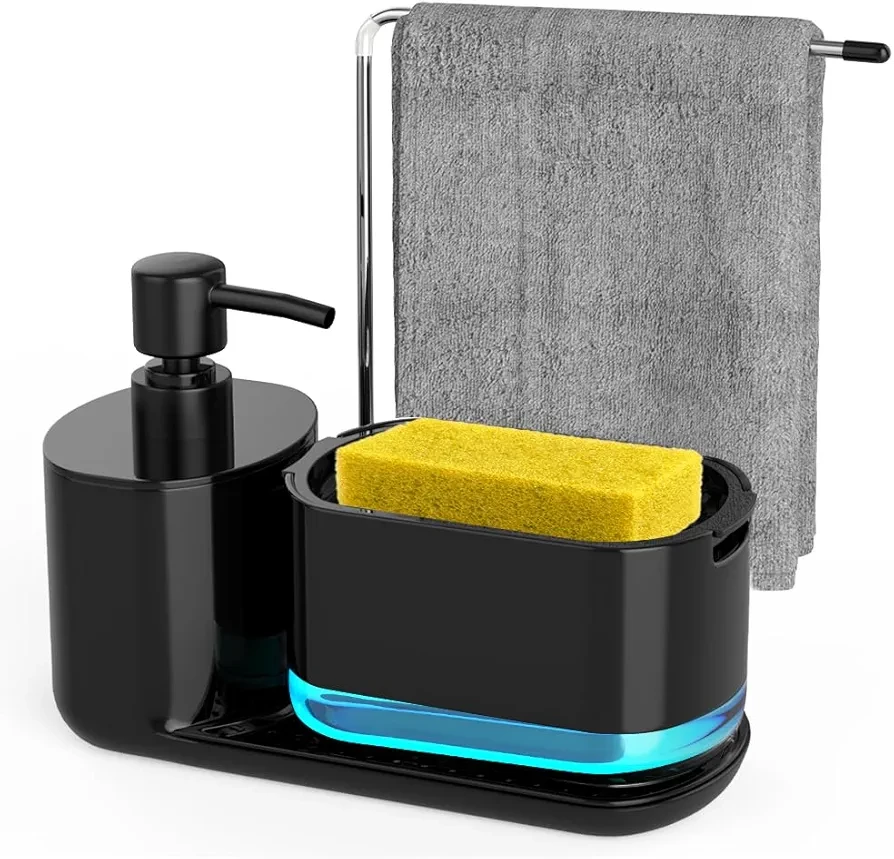 Dish Soap Dispenser with Sponge Holder, Rag Holder and Tray, 4-in-1 Organizer for Kitchen Sink Countertop,